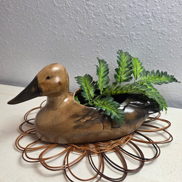 Vintage Ceramic Duck Planter Brown Black Speckled Glaze Rustic Cabin Decor - Picture 1 of 13